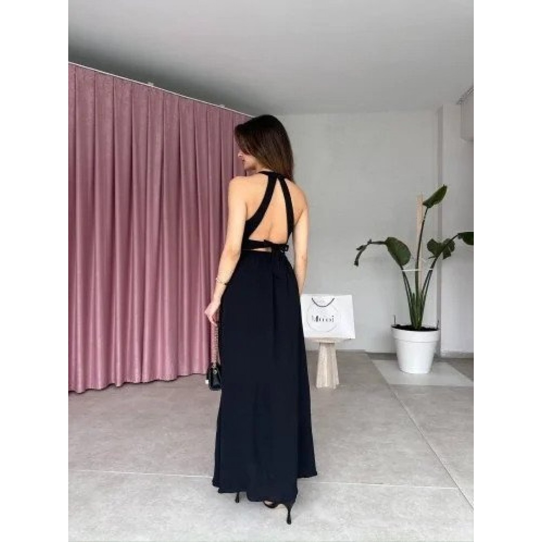 Kadın Krinkil Kumaş Beli Gipeli Halter Yaka Maxi Boy Elbise - 160441 Kadın Krinkil Kumaş Beli Gipeli Halter Yaka Maxi Boy Elbise - 160441