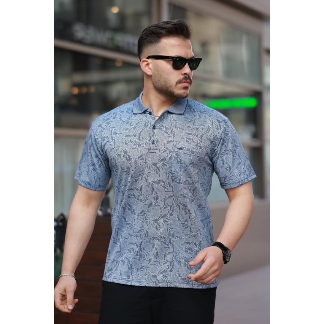 Erkek Yakalı Jakar Baskılı Kısa Kollu T-shirt