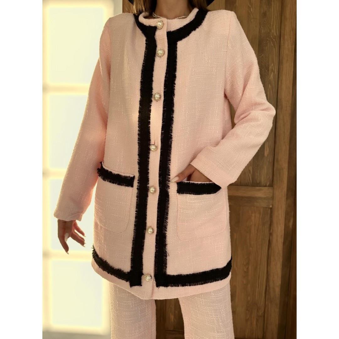 Pembe Siyah Şeritli Yakasız Ceket Ve Pantolon Takım 152567