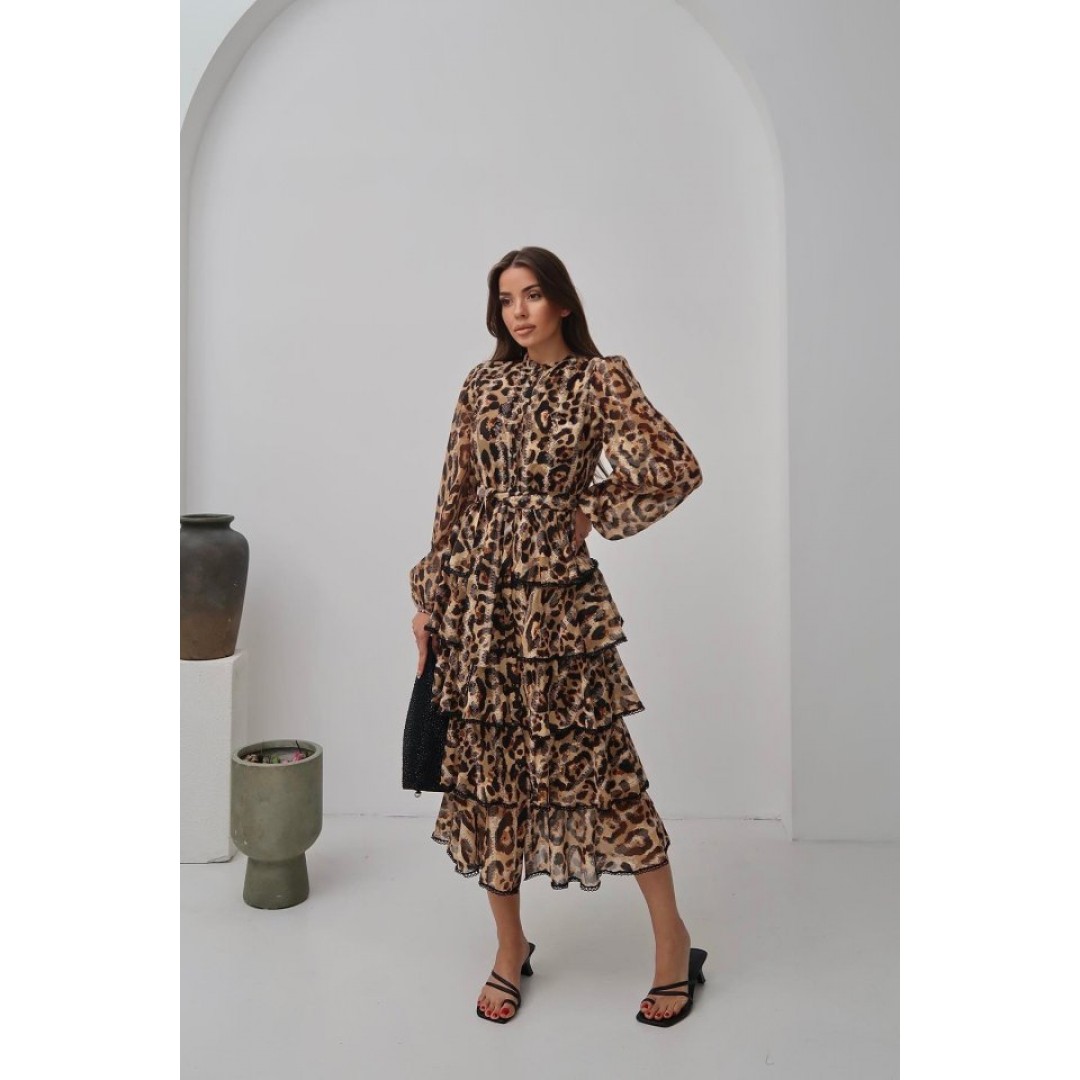Leopar Volanlı Şeritli Uzun Elbise 162880 Leopar Volanlı Şeritli Uzun Elbise 162880