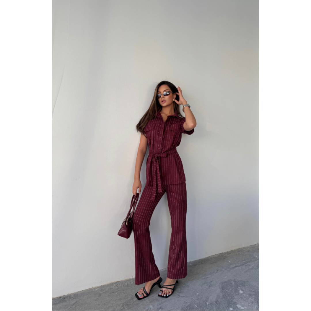 ÇİZGİLİ POLYVİSKON BLUZ - PANTOLON TAKIM - Bordo 159631