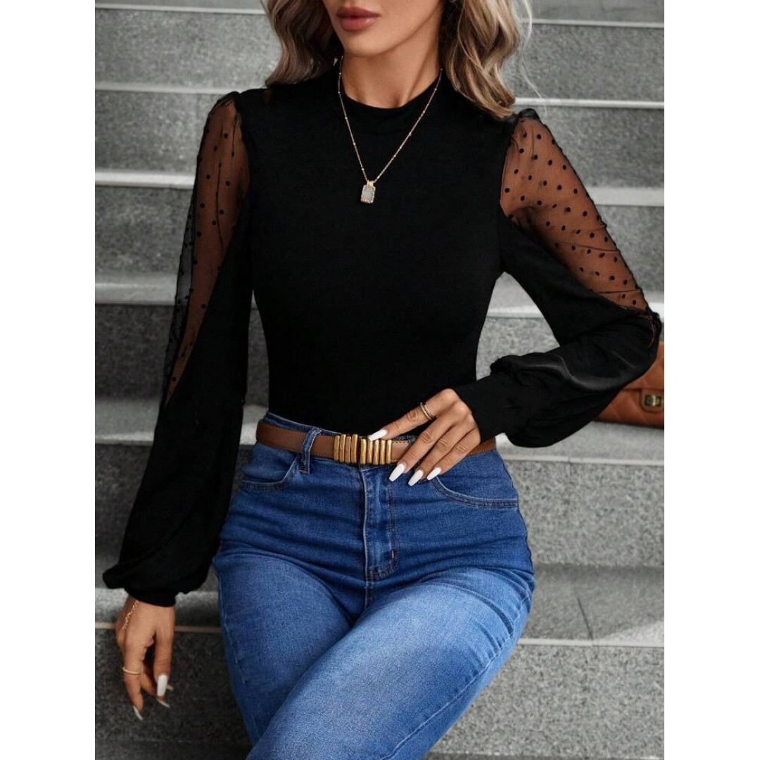 Kadın Uzun Kollu Yarı Balıkçı Yaka Kolları Tül Detaylı Ithal Krep Bluz - 141273 Kadın Uzun Kollu Yarı Balıkçı Yaka Kolları Tül Detaylı Ithal Krep Bluz - 141273