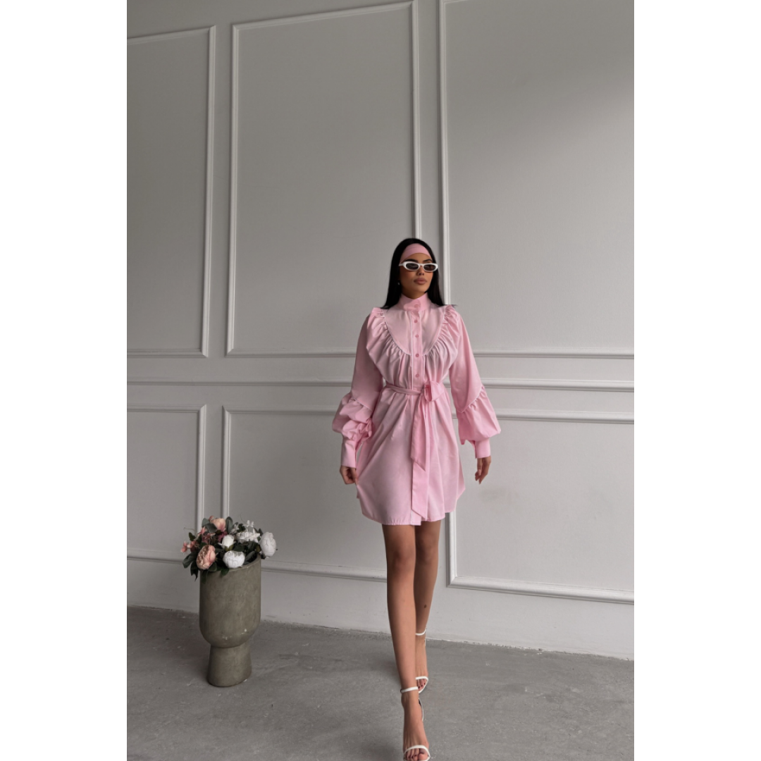 ÖNDEN DÜĞMELİ POPLİN KLOŞ ELBİSE BAĞLAMA KEMER DETAYLI - Pembe - 153783
