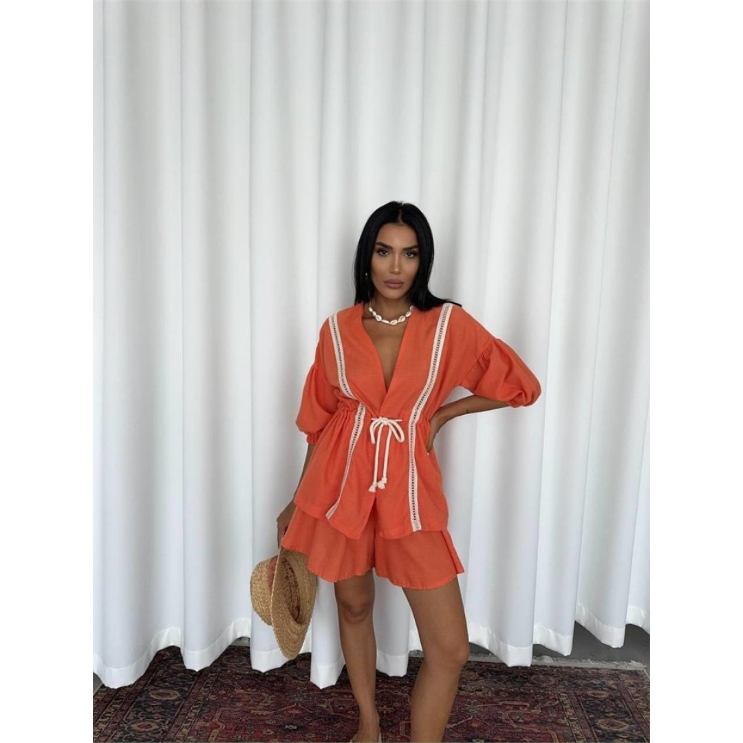 KETEN BEL BÜZGÜLÜ BLUZ-PANTOLON TAKIM - Orange 152265 KETEN BEL BÜZGÜLÜ BLUZ-PANTOLON TAKIM - Orange 152265