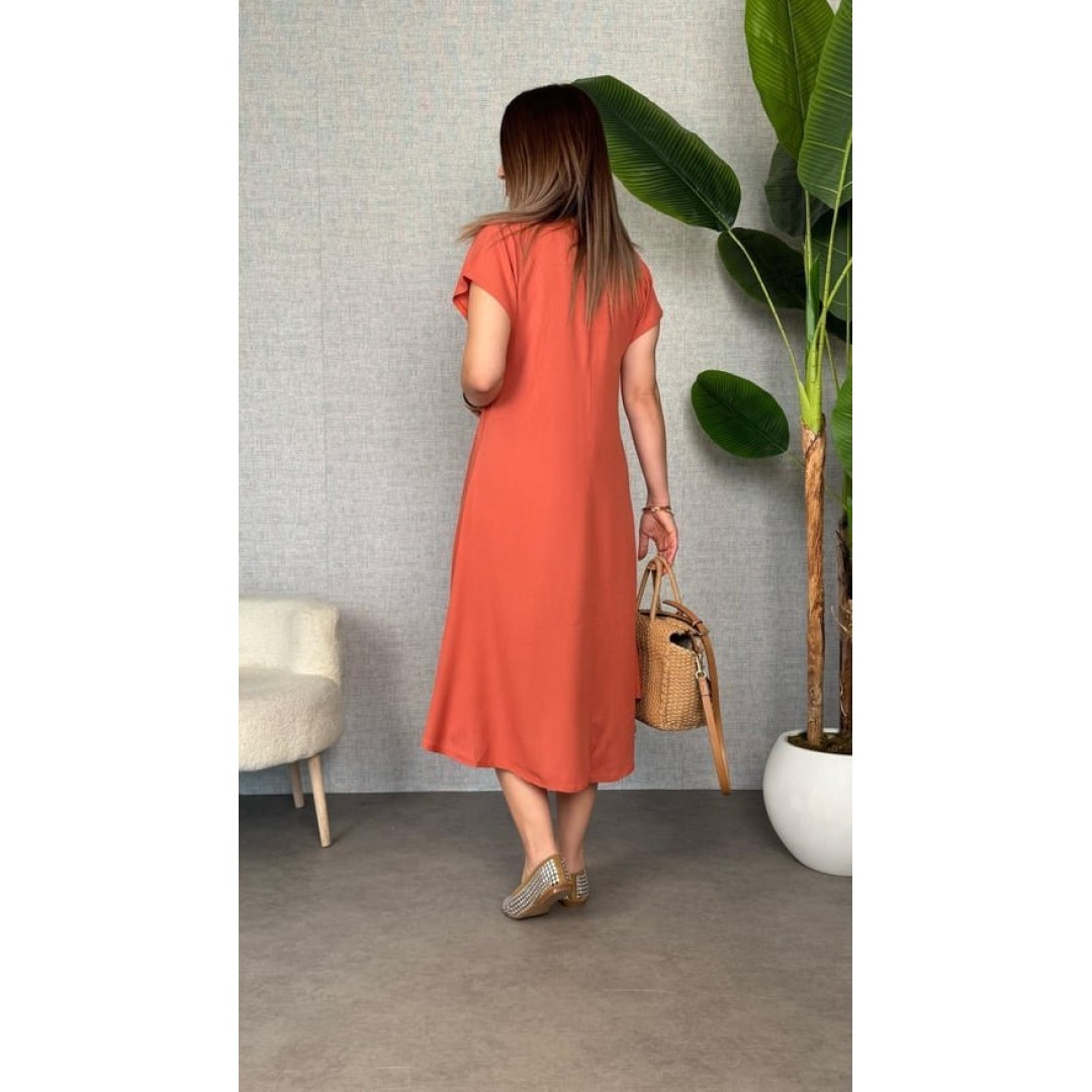 Kadın Kısa Kollu V Yaka Salaş Maxi Boy Elbise - 162483 Kadın Kısa Kollu V Yaka Salaş Maxi Boy Elbise - 162483