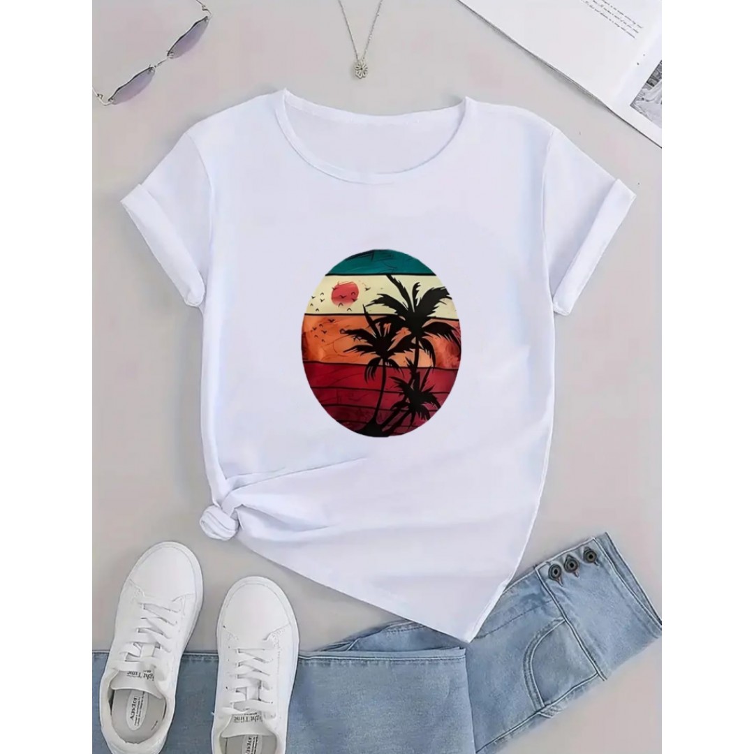 Kadın Kısa Kollu Palmiye Baskılı Viskon T-shirt 161924 Kadın Kısa Kollu Palmiye Baskılı Viskon T-shirt 161924