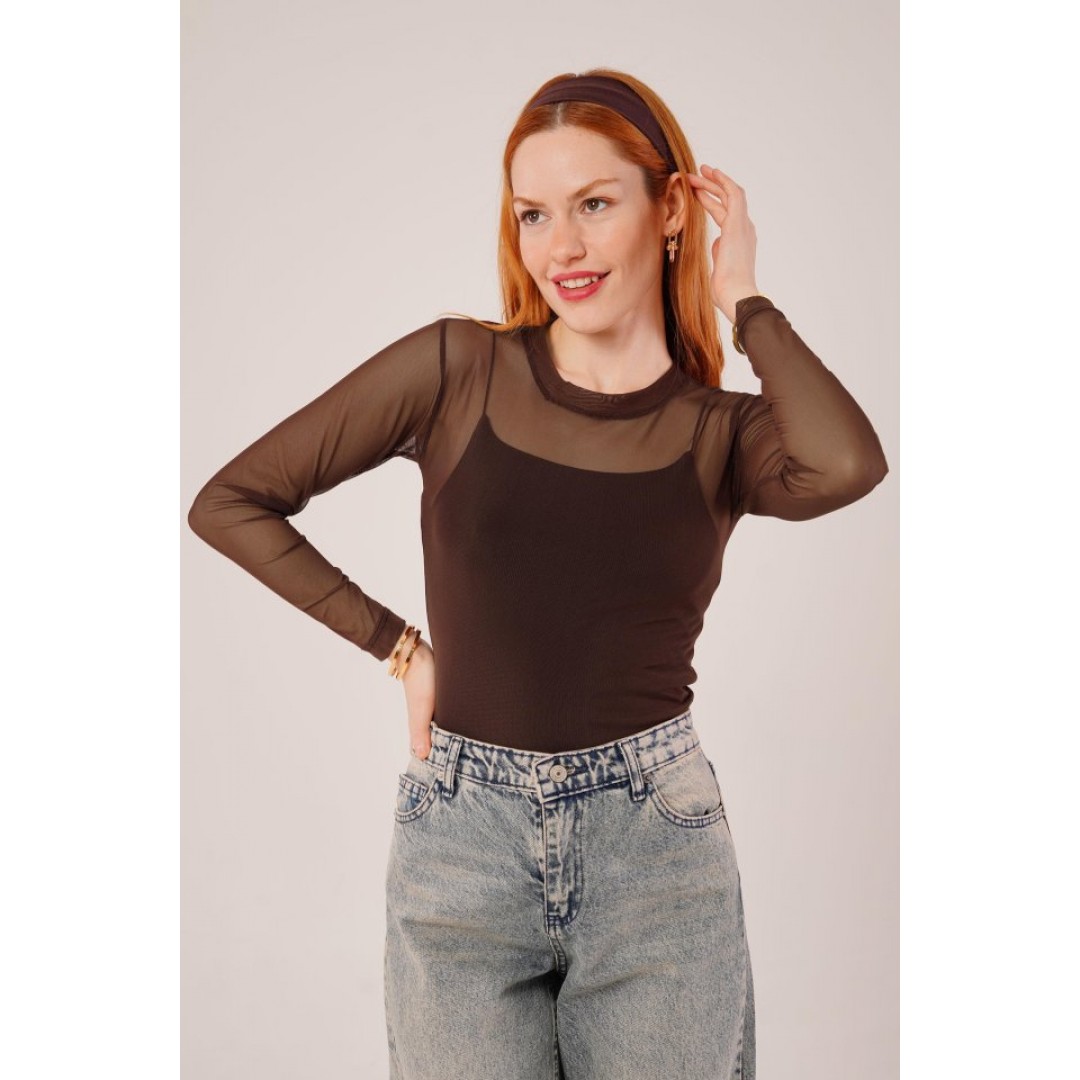 Transparan Kahverengi Tül Basic Bluz 148065 Transparan Kahverengi Tül Basic Bluz 148065