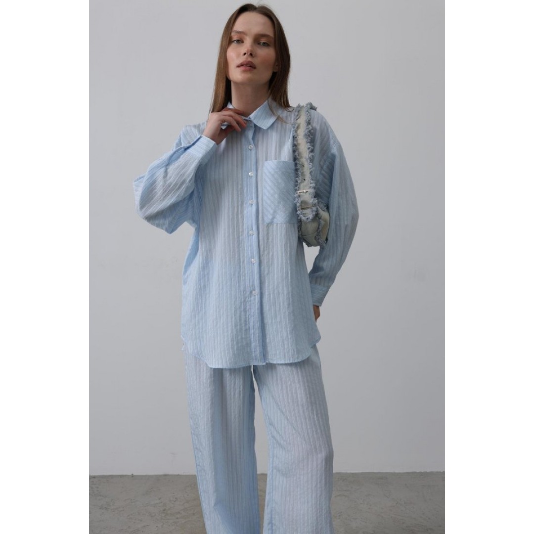 Çizgili Cep Detaylı Oversize Takım - Bebe Mavisi 152830 Çizgili Cep Detaylı Oversize Takım - Bebe Mavisi 152830