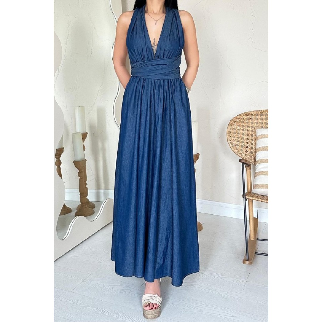 Mavi Tencel Bağlamalı Elbise - 155549 Mavi Tencel Bağlamalı Elbise - 155549