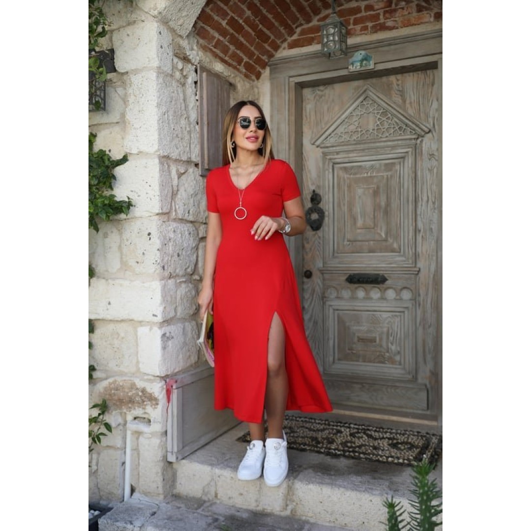 Kadın Kısa Kollu V Yaka Maxi Boy Elbise 124 Cm - 54826 Kadın Kısa Kollu V Yaka Maxi Boy Elbise 124 Cm - 54826