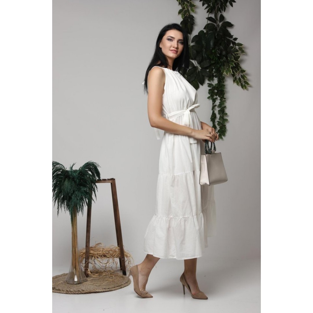 Ekru Halter Yakalı Kuşaklı Elbise - 149040
