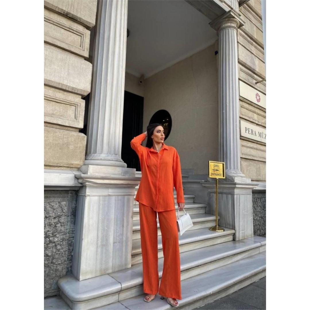 KENDİNDEN DESENLİ KRINKILL GÖMLEK - PANTOLON TK - Orange 150761 KENDİNDEN DESENLİ KRINKILL GÖMLEK - PANTOLON TK - Orange 150761
