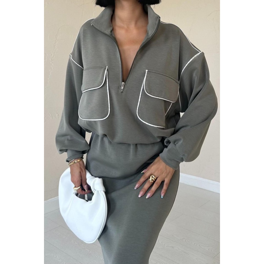 Haki Biyeli Sweatshirt Ve Etek Takım 153811