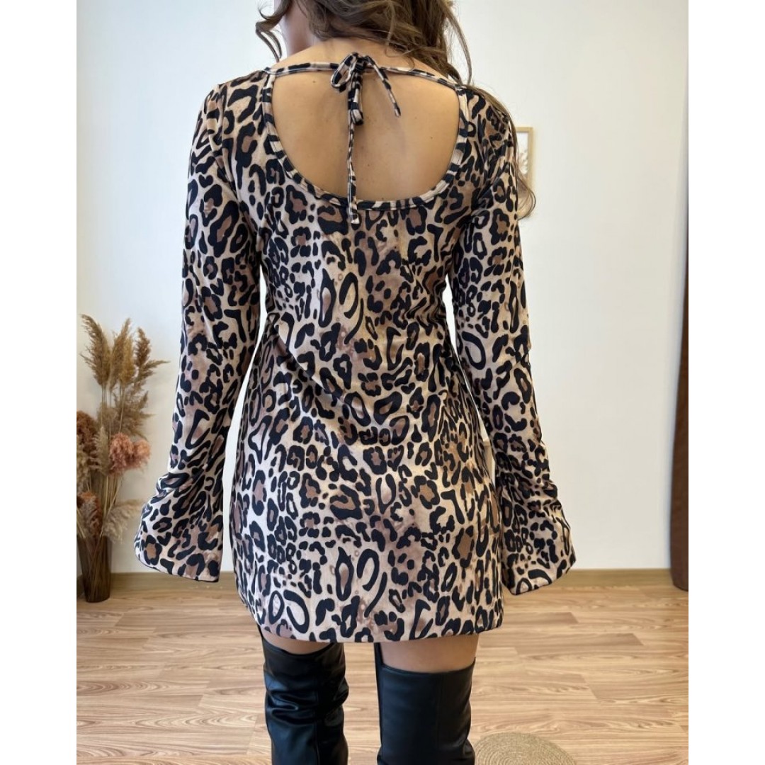 Kadın Uzun Kollu Kayık Yaka Leopar Baskılı Mini Elbise - 146057 Kadın Uzun Kollu Kayık Yaka Leopar Baskılı Mini Elbise - 146057