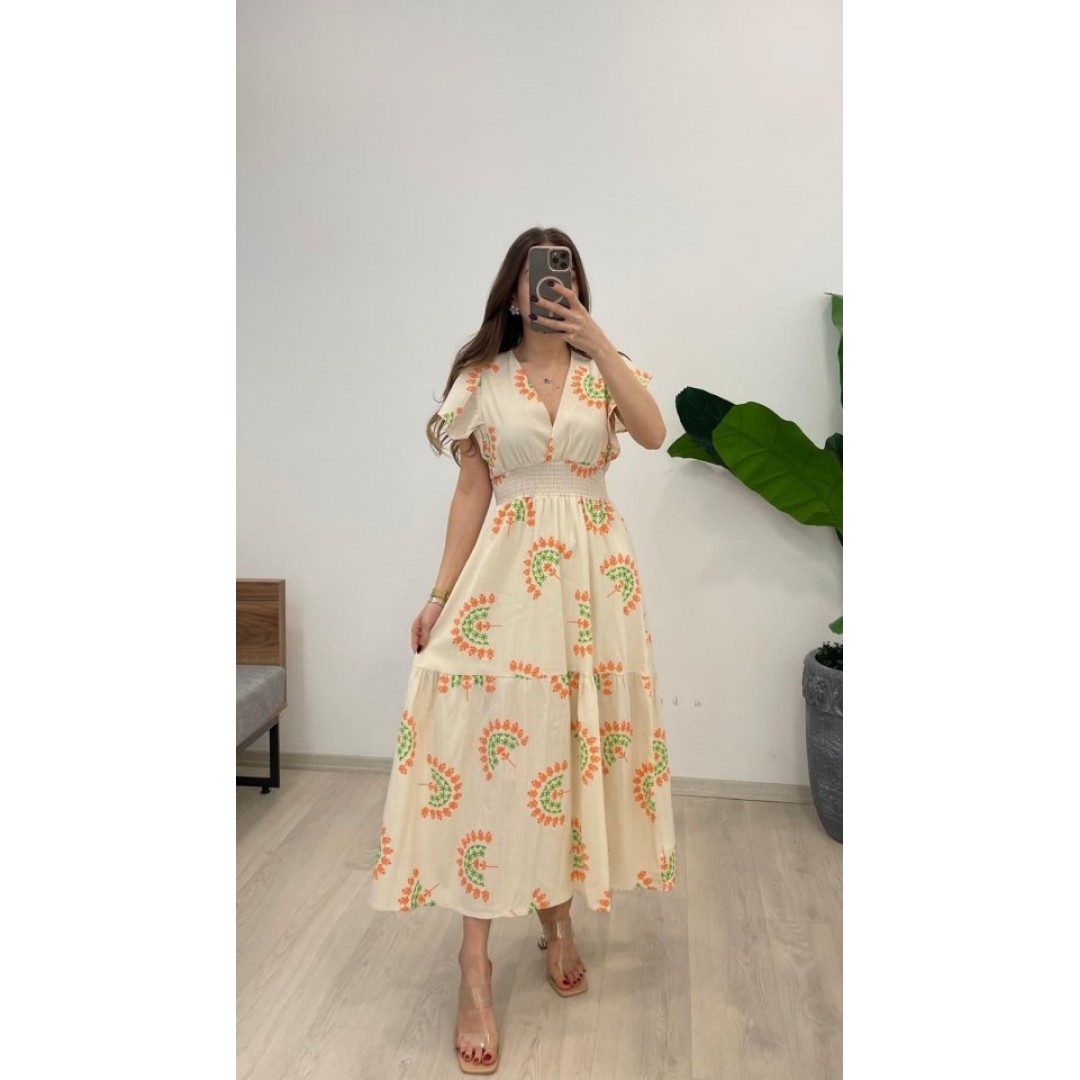 Kadın Keten Kumaş Beli Gipeli V Yaka Maxi Boy Elbise - 160540