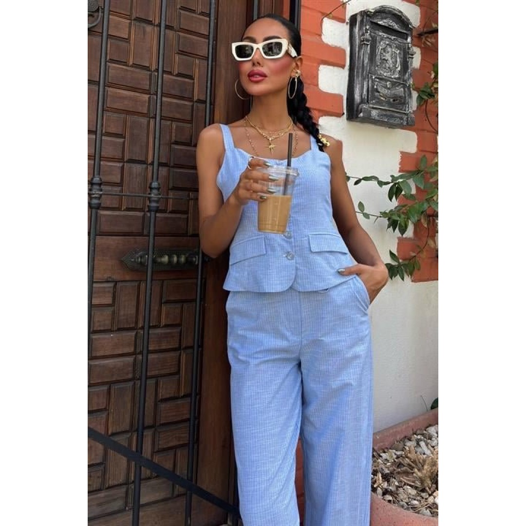 Kalın Askılı Bluz Pantolon Keten Takım 10187 160570 Kalın Askılı Bluz Pantolon Keten Takım 10187 160570