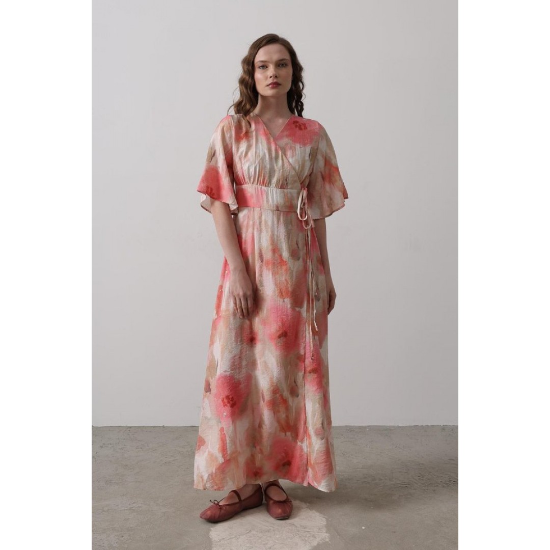 Yandan Bağlamalı Desenli Elbise - Pembe 160134 Yandan Bağlamalı Desenli Elbise - Pembe 160134