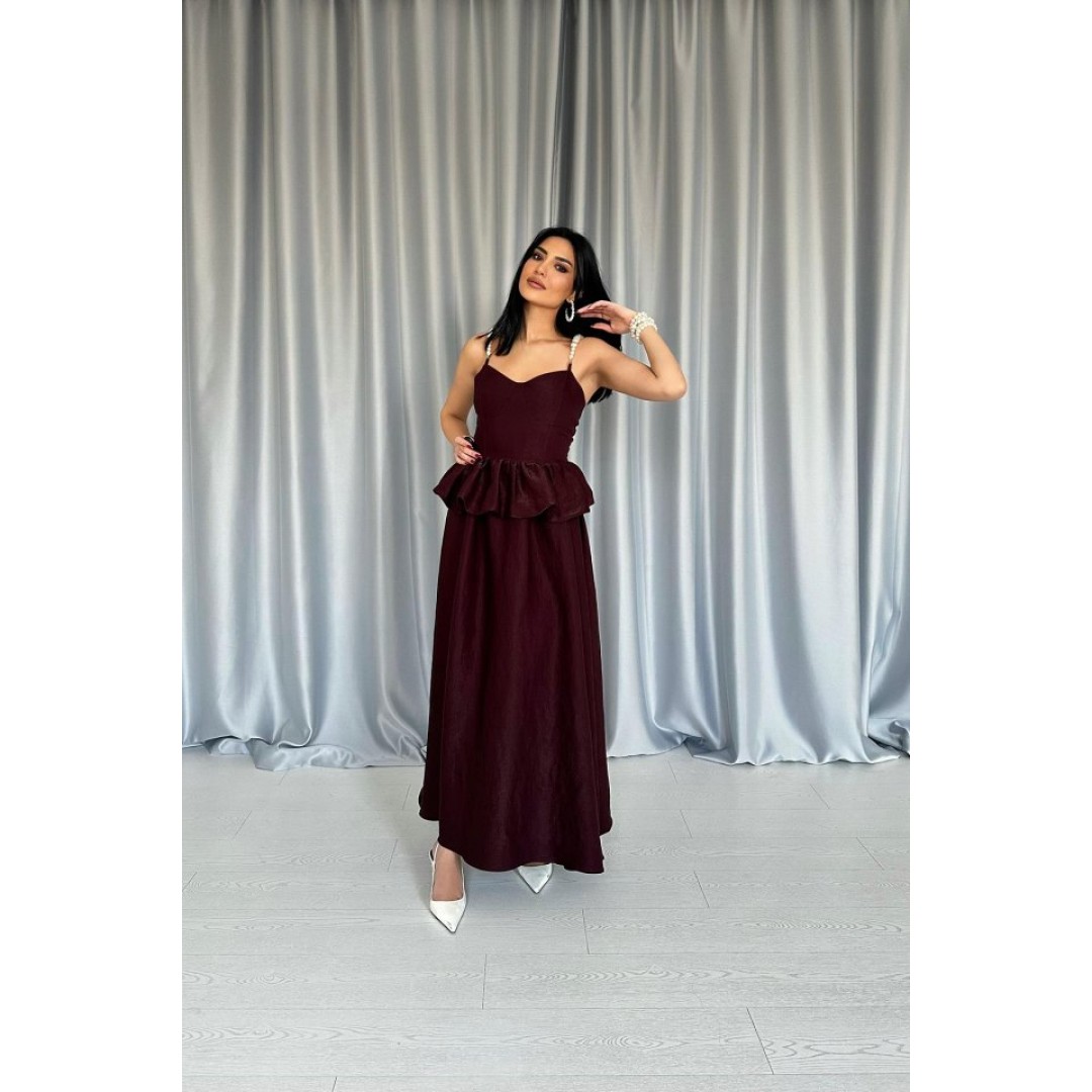 Bordo Beli Büzgülü İnci Askılı Uzun Elbise 154615 Bordo Beli Büzgülü İnci Askılı Uzun Elbise 154615
