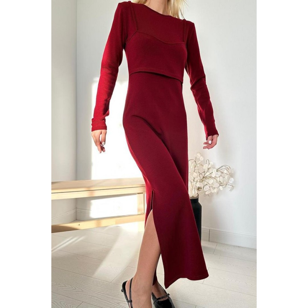 Bordo Croplu Akrilik Elbise - 152319 Bordo Croplu Akrilik Elbise - 152319