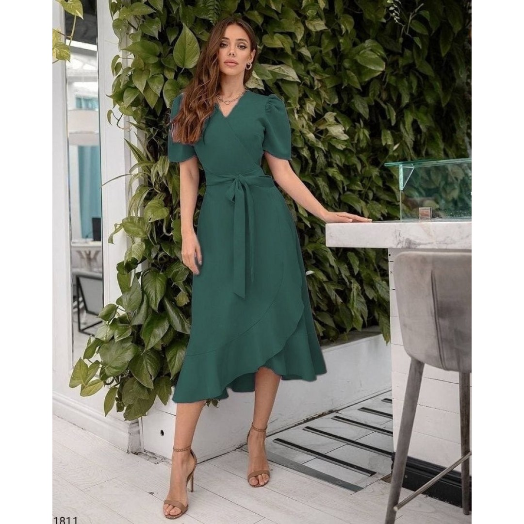 Kadın Kruvaze Yaka Midi Boy Kuşaklı Krep Elbise 120 Cm - 54536 Kadın Kruvaze Yaka Midi Boy Kuşaklı Krep Elbise 120 Cm - 54536