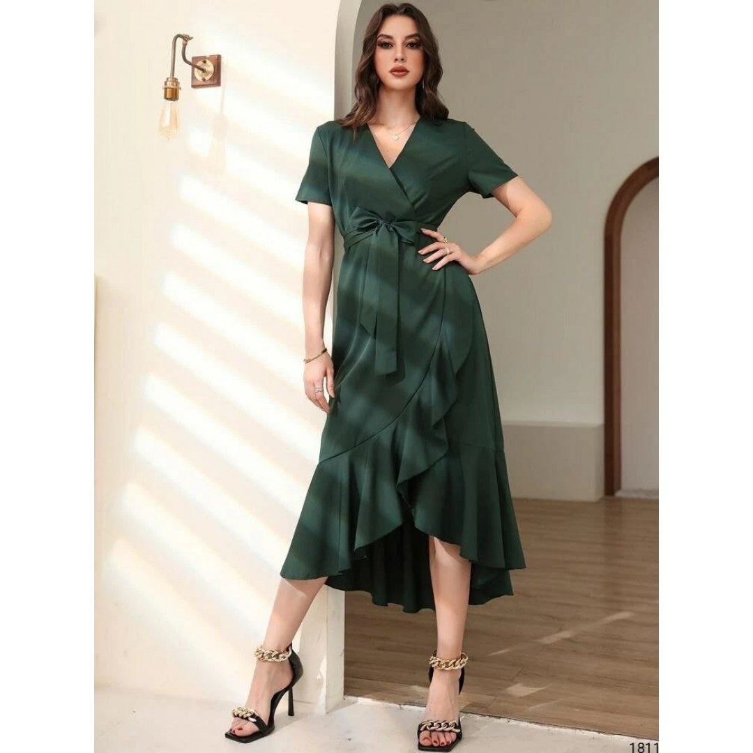 Kadın Kruvaze Yaka Midi Boy Kuşaklı Krep Elbise 120 Cm - 54536 Kadın Kruvaze Yaka Midi Boy Kuşaklı Krep Elbise 120 Cm - 54536