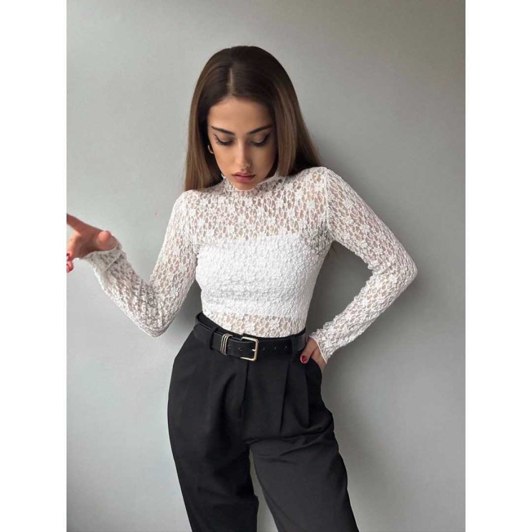 Kadın Likralı Dantel Transparan Uzun Kol Crop Bluz - 156150 Kadın Likralı Dantel Transparan Uzun Kol Crop Bluz - 156150