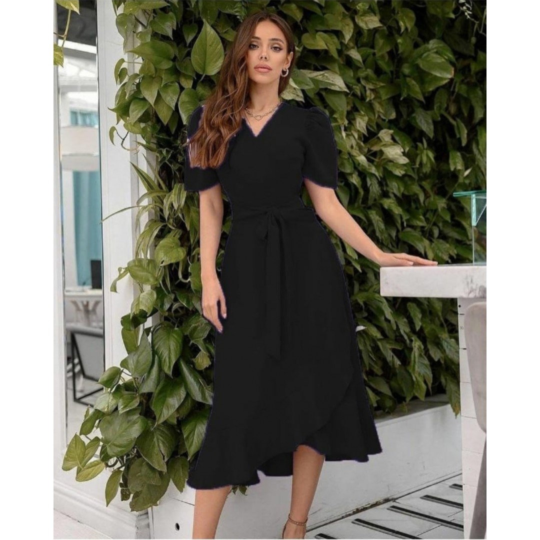 Kadın Kruvaze Yaka Midi Boy Kuşaklı Krep Elbise 120 Cm - 54535 Kadın Kruvaze Yaka Midi Boy Kuşaklı Krep Elbise 120 Cm - 54535