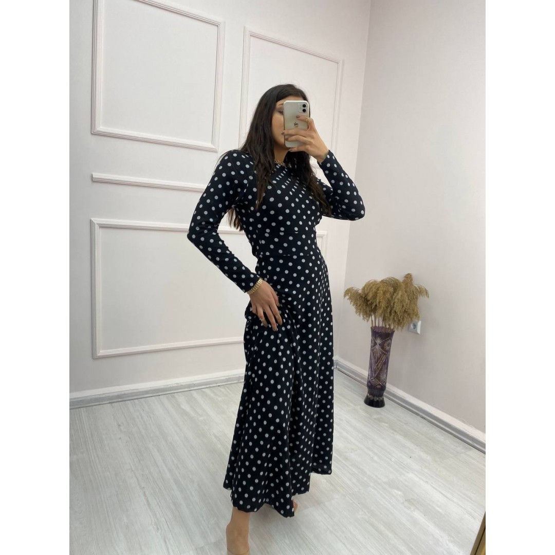 Kadın Krep Kumaş Uzun Kollu Tam Boy Puantiyeli Elbise 132 Cm 46928 Kadın Krep Kumaş Uzun Kollu Tam Boy Puantiyeli Elbise 132 Cm 46928