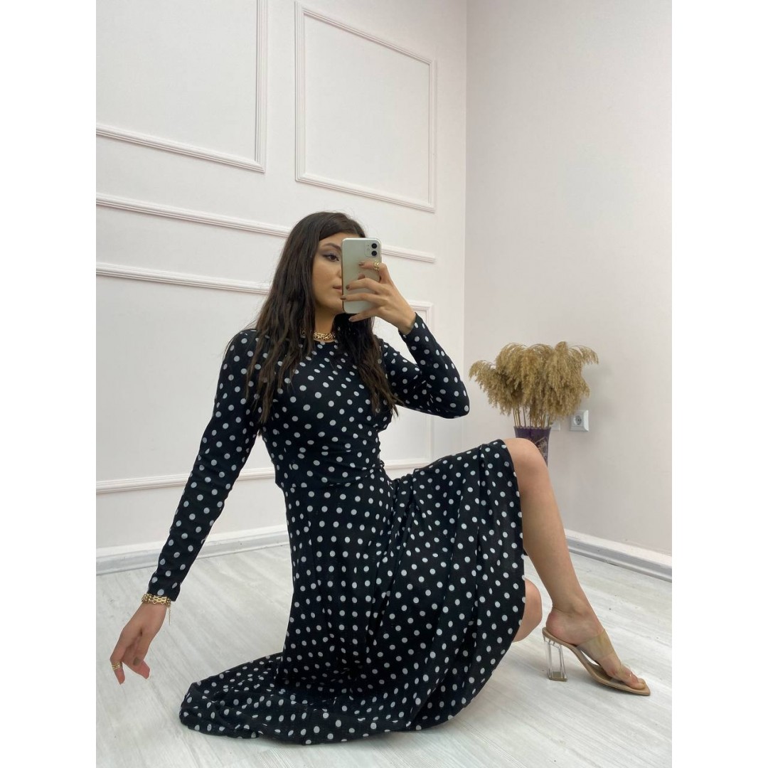 Kadın Krep Kumaş Uzun Kollu Tam Boy Puantiyeli Elbise 132 Cm 46928 Kadın Krep Kumaş Uzun Kollu Tam Boy Puantiyeli Elbise 132 Cm 46928