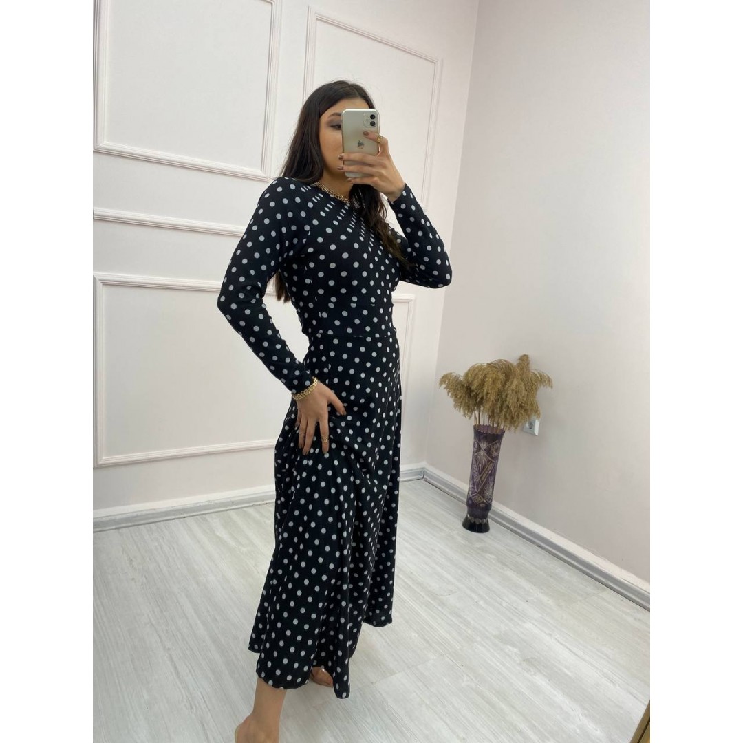 Kadın Krep Kumaş Uzun Kollu Tam Boy Puantiyeli Elbise 132 Cm 46928 Kadın Krep Kumaş Uzun Kollu Tam Boy Puantiyeli Elbise 132 Cm 46928
