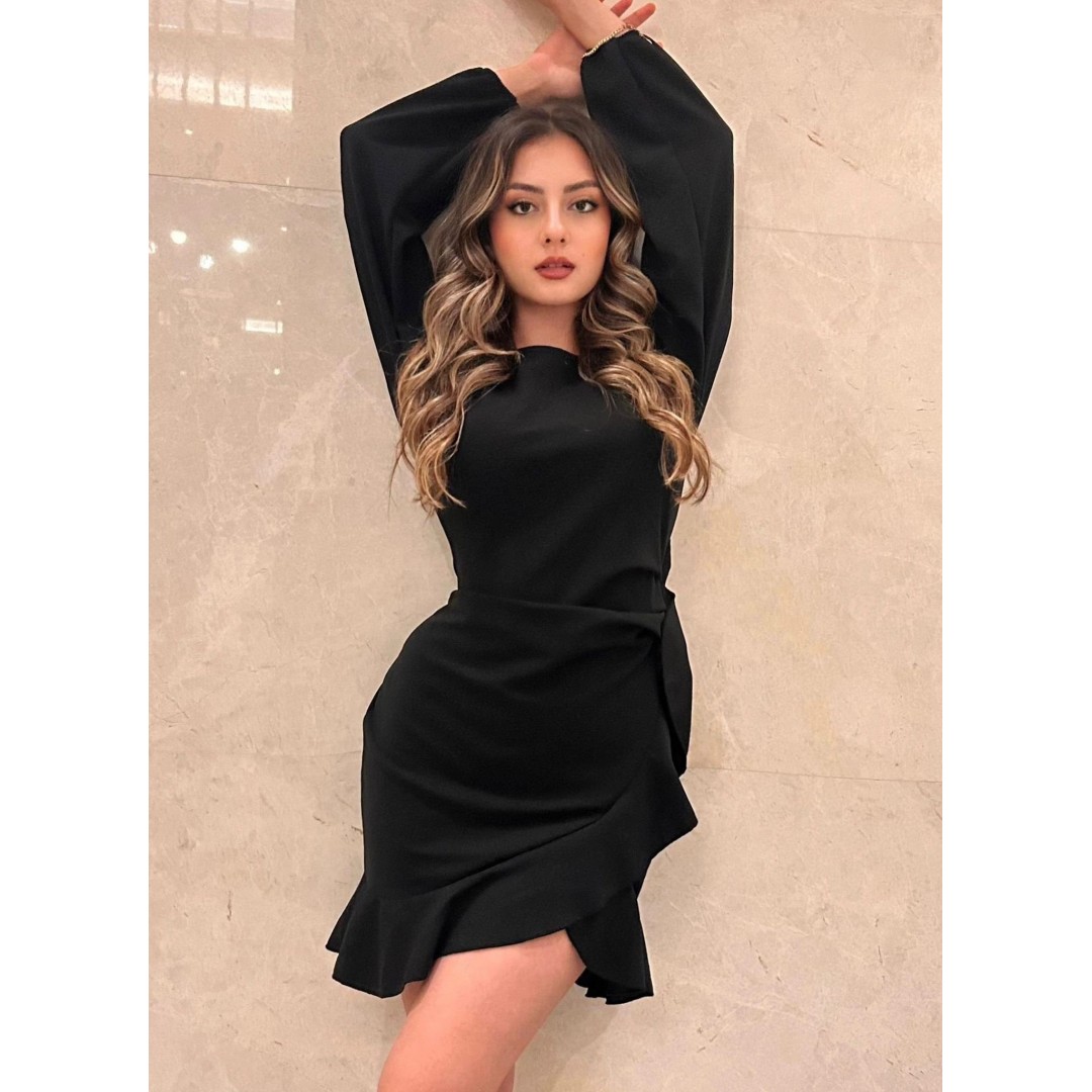 Kadın Uzun Kollu Bisiklet Yaka önden Volanlı Ithal Krep Elbise - 132650