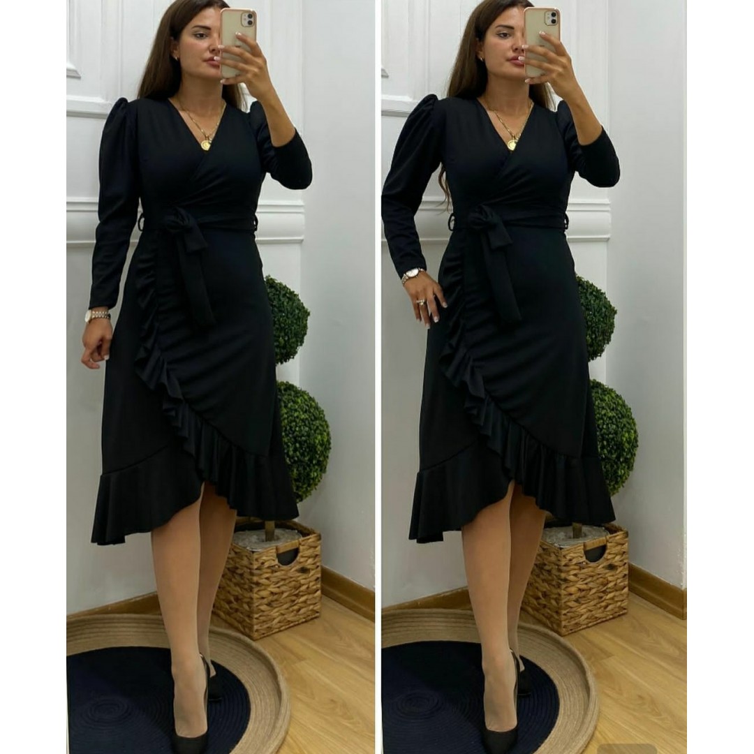Krep Kumaş Midi Boy Kuşaklı Uzunkol Elbise 113 Cm - 42673 Krep Kumaş Midi Boy Kuşaklı Uzunkol Elbise 113 Cm - 42673