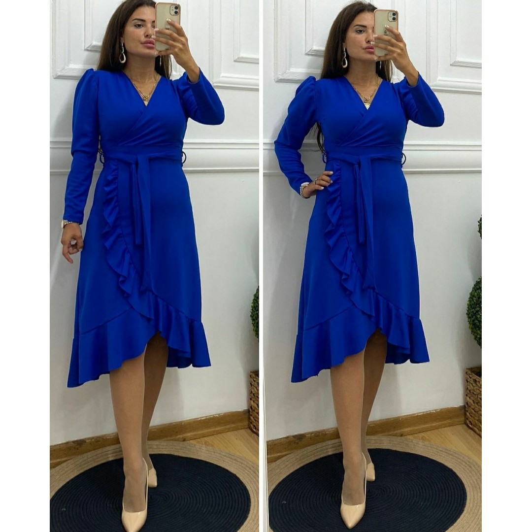 Krep Kumaş Midi Boy Kuşaklı Uzunkol Elbise - 42670 Krep Kumaş Midi Boy Kuşaklı Uzunkol Elbise - 42670