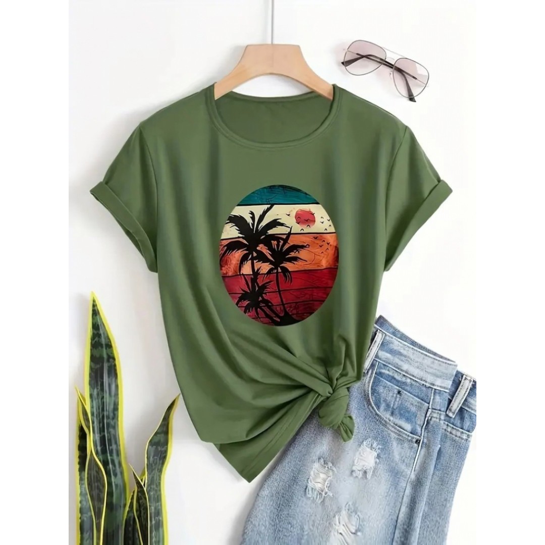 Kadın Kısa Kollu Palmiye Baskılı Viskon T-shirt - 115762 Kadın Kısa Kollu Palmiye Baskılı Viskon T-shirt - 115762