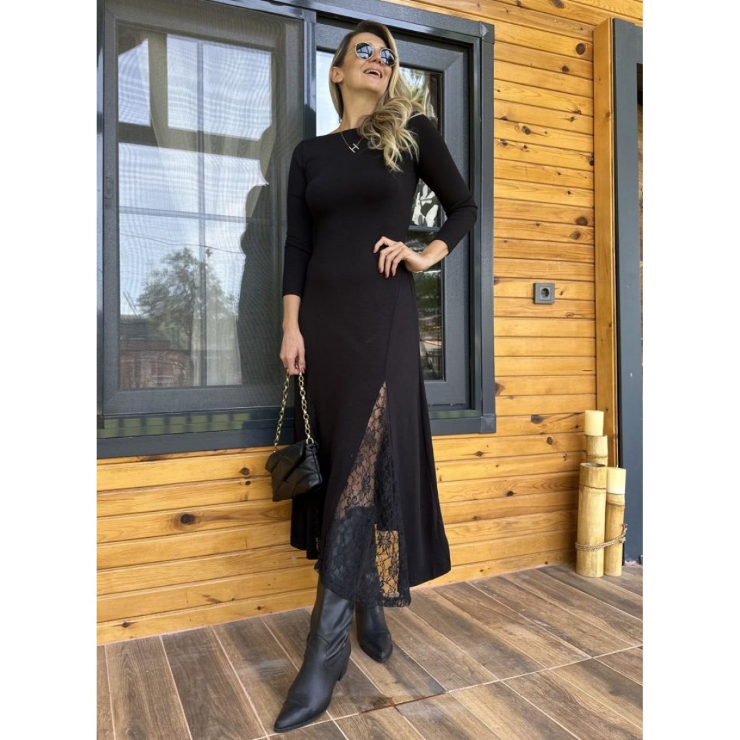 Kadın Uzun Kollu Bisiklet Yaka Sırt Dekolteli Dantel Yırtmaçlı Uzun Krep Elbise - 132661 Kadın Uzun Kollu Bisiklet Yaka Sırt Dekolteli Dantel Yırtmaçlı Uzun Krep Elbise - 132661