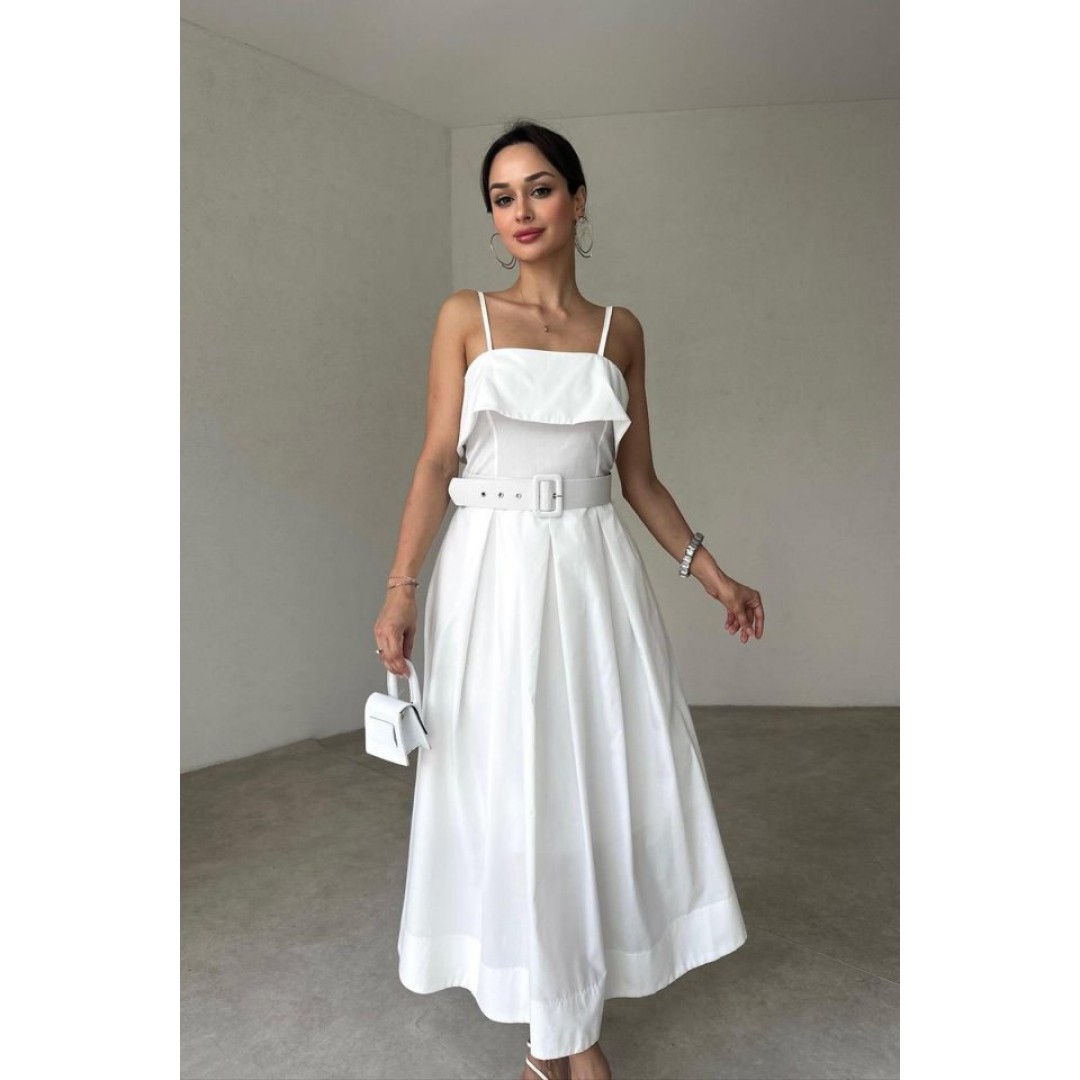Beyaz Beli Kemerli Pileli Elbise - 153839 Beyaz Beli Kemerli Pileli Elbise - 153839