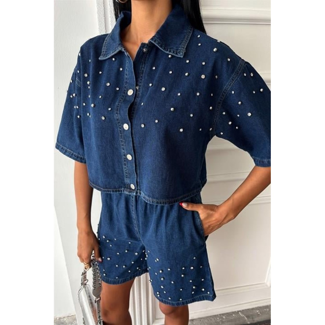 Taş Detaylı Gömlek Şort Denim Takım 10175 159450 Taş Detaylı Gömlek Şort Denim Takım 10175 159450