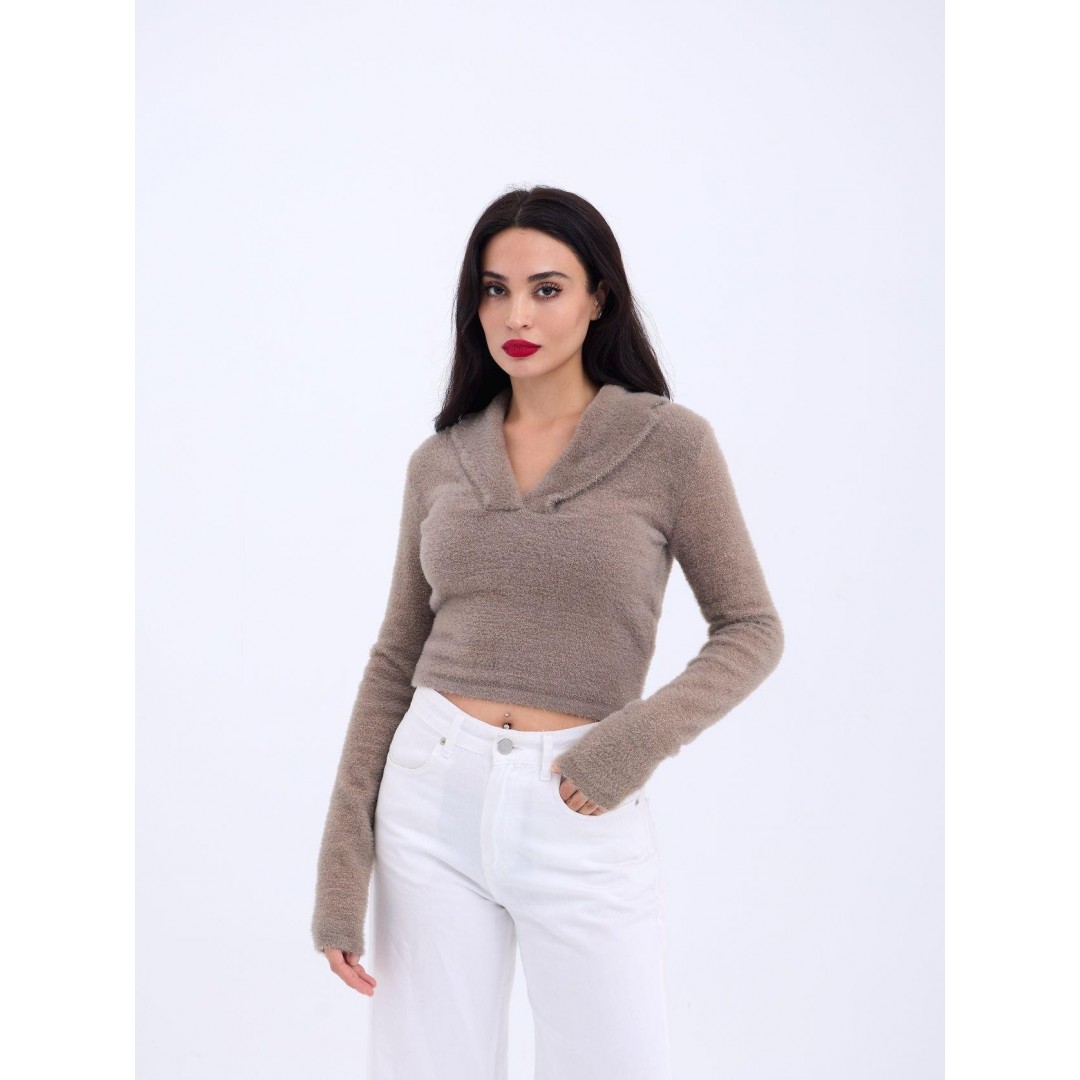 42531 TRİKO SİMLİ YAKALI CROP-KAHVE 144095