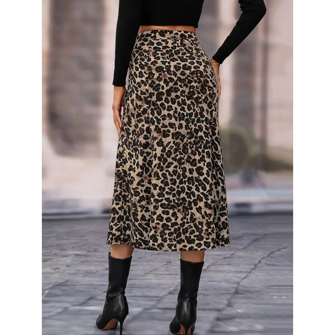 Kadın Yüksek Bel Leopar Desenli Midi Krep Etek 138586 Kadın Yüksek Bel Leopar Desenli Midi Krep Etek 138586