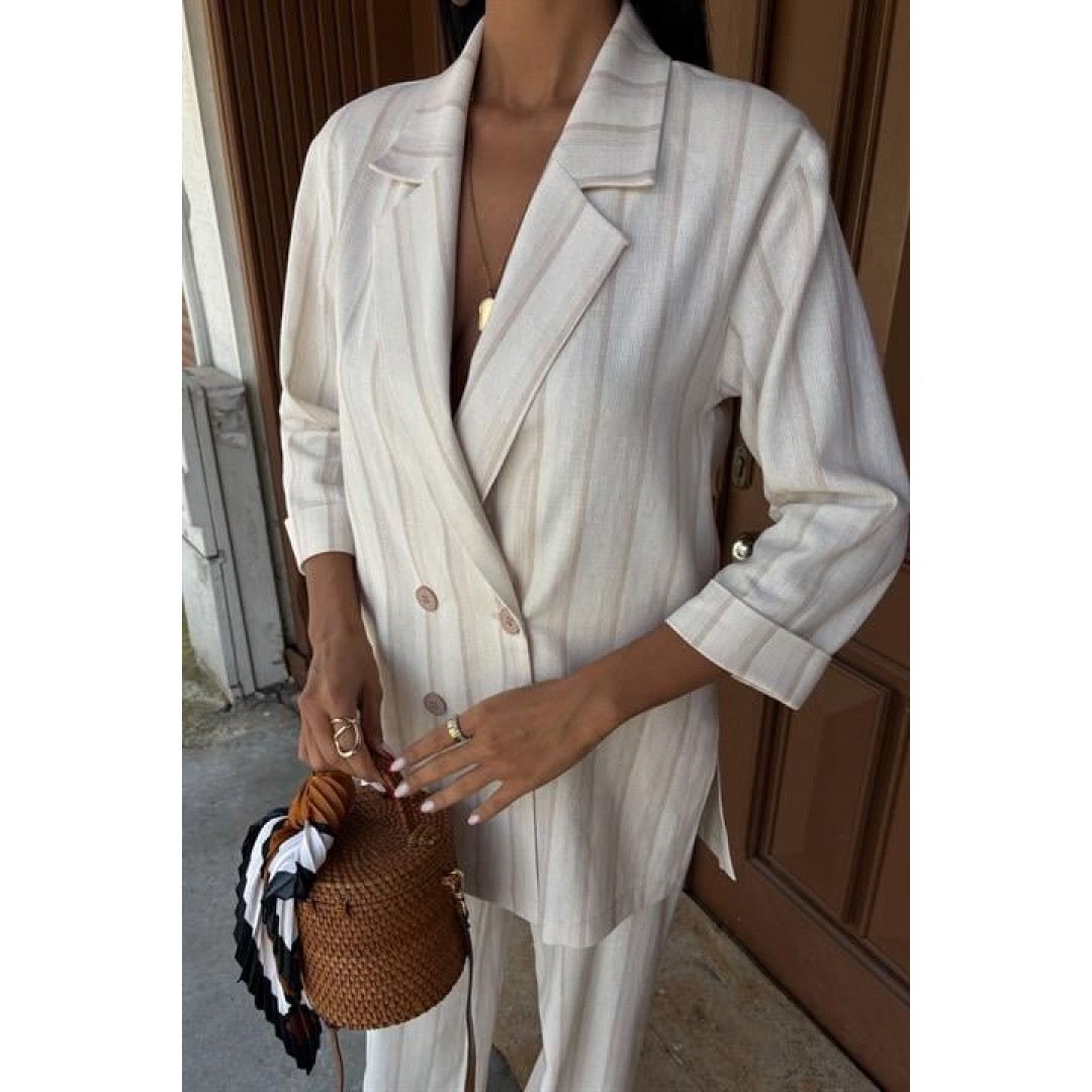 Blazer Ceketli Çizgili Keten Takım 10186 159435