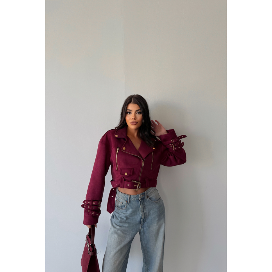 SÜET CROP CEKET KOL 3 KEMER DETAYLI - Bordo 153444 SÜET CROP CEKET KOL 3 KEMER DETAYLI - Bordo 153444