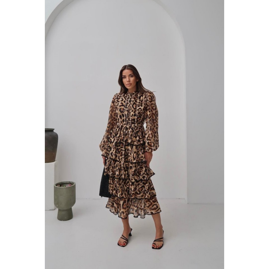 Leopar Volanlı Şeritli Uzun Elbise 162880 Leopar Volanlı Şeritli Uzun Elbise 162880