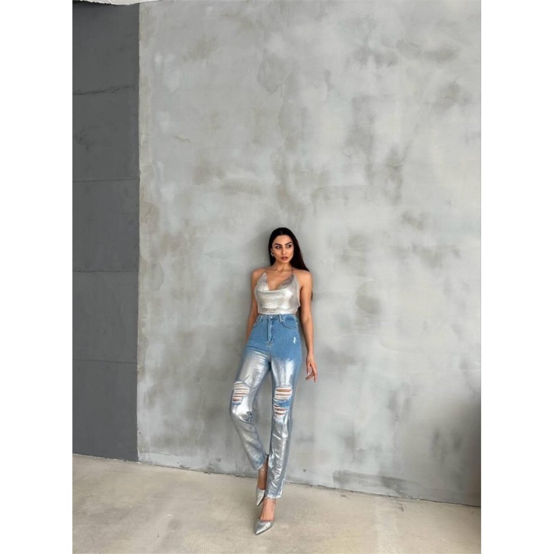 DİZ YIRTIK VARAKLI MOM KOT PANTOLON - Gümüş 150439 DİZ YIRTIK VARAKLI MOM KOT PANTOLON - Gümüş 150439