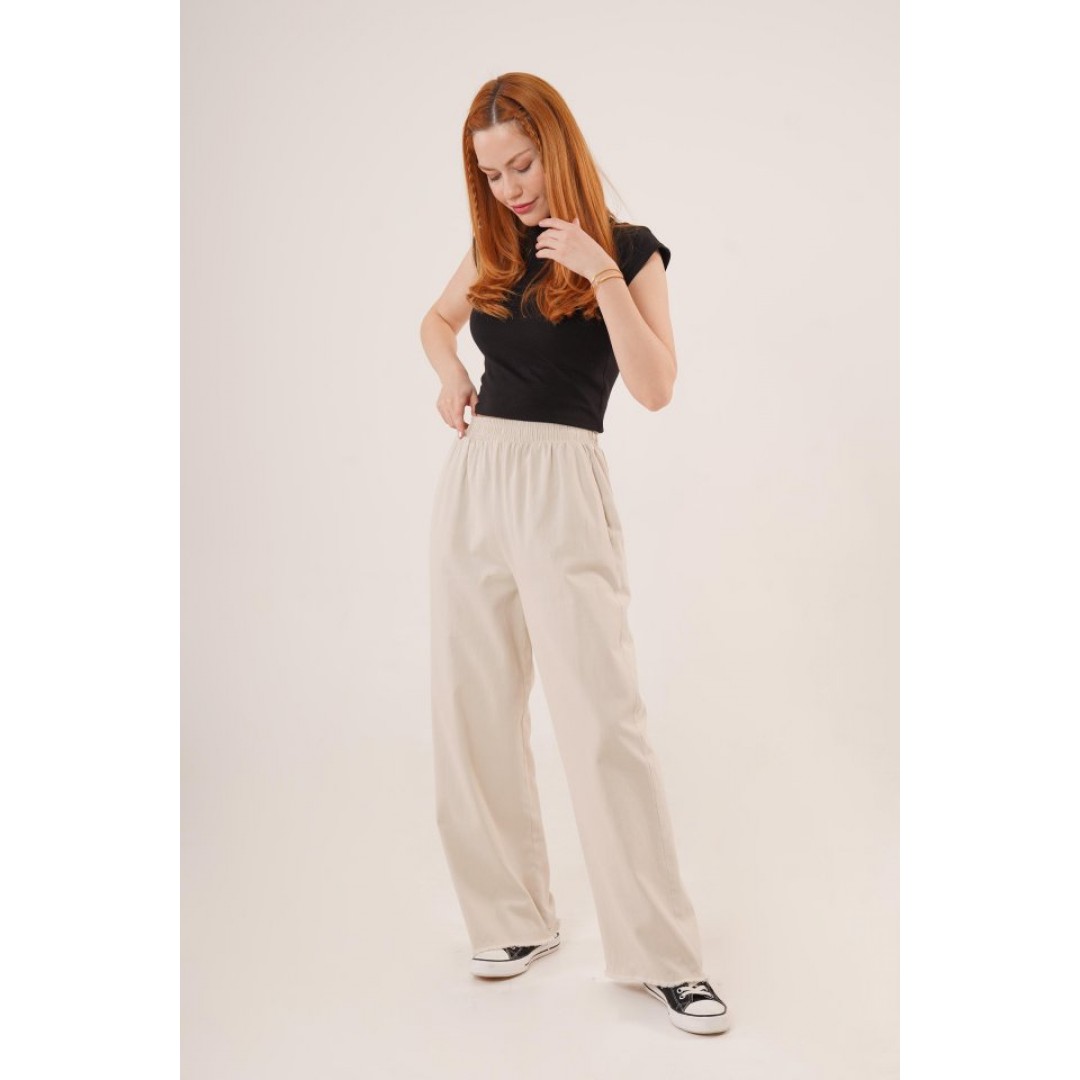 Bel Lastikli Paça Detaylı Cepli Krem Pantolon 149838 Bel Lastikli Paça Detaylı Cepli Krem Pantolon 149838