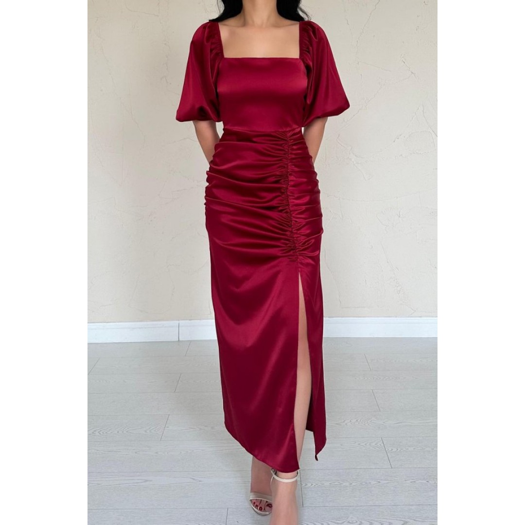 Bordo Büzgülü Saten Elbise 154601 Bordo Büzgülü Saten Elbise 154601