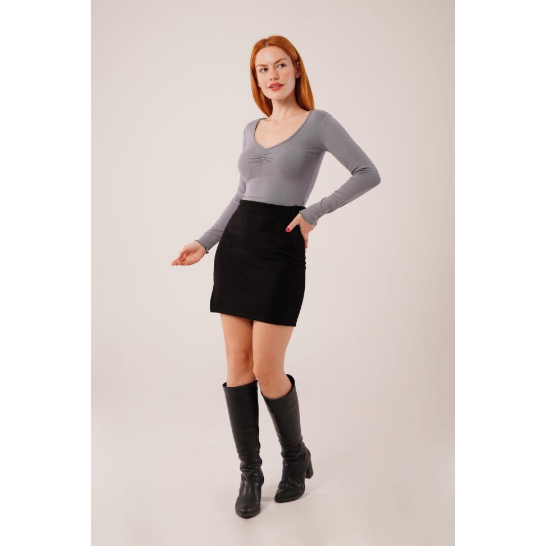 Geniş Yaka Gri Basic Body Bluz 148077