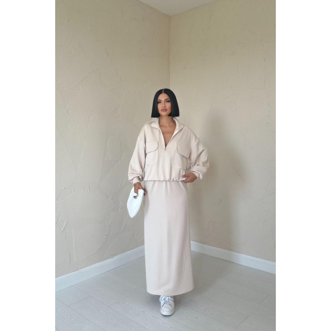 Bej Biyeli Sweatshirt Ve Etek Takım