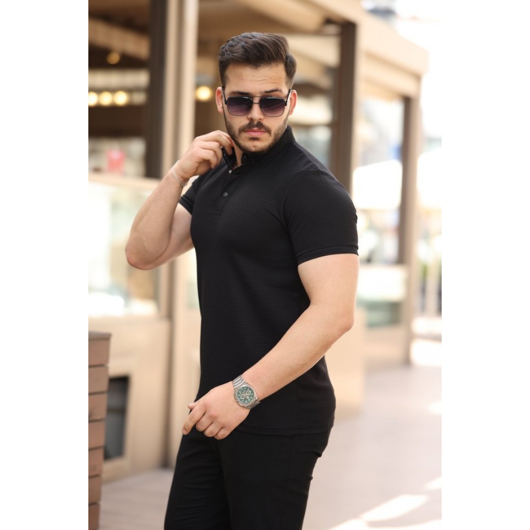 Erkek çizgi Dokulu çıtçıt Yakalı Kısa Kollu T-shirt 162327