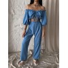 KETEN CROP BLUZ BÜZGÜ YAKA + PANTOLON TAKIM - Mavi 150087