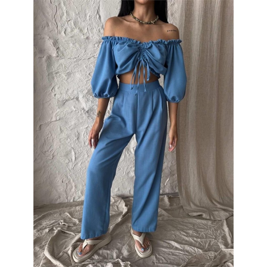 KETEN CROP BLUZ BÜZGÜ YAKA + PANTOLON TAKIM - Mavi 150087